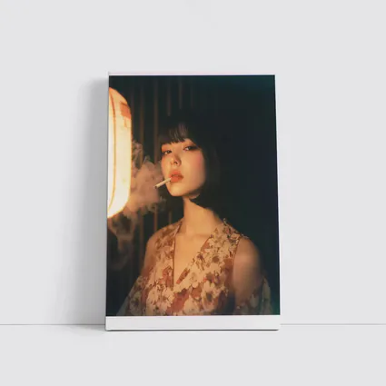 Japanese Woman Smoking Floral Dress Dark Background