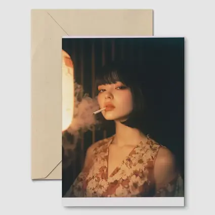 Japanese Woman Smoking Floral Dress Dark Background