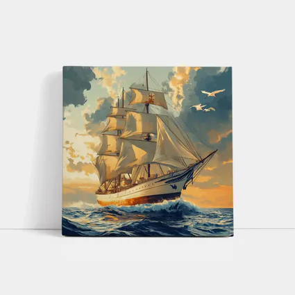 Tall Ship Sailing Ocean Golden Sky Art