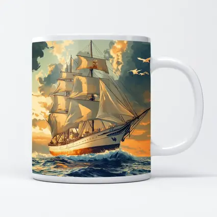Tall Ship Sailing Ocean Golden Sky Art