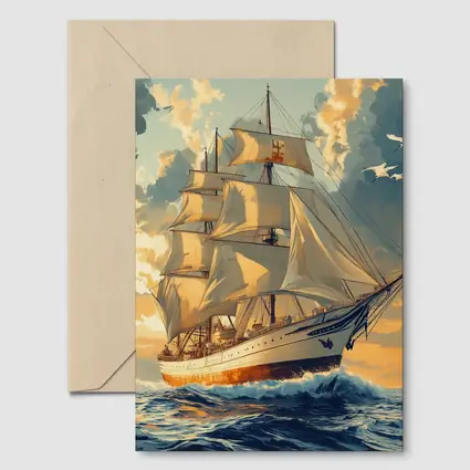 Tall Ship Sailing Ocean Golden Sky Art