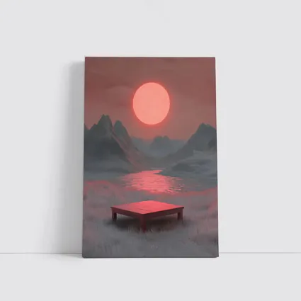 Red Sun Mountain Lake Surreal Landscape Art