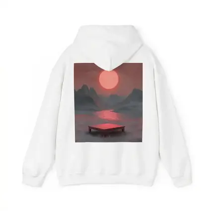 Red Sun Mountain Lake Surreal Landscape Art