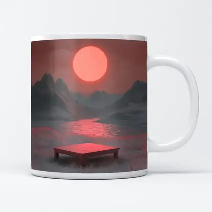 Red Sun Mountain Lake Surreal Landscape Art