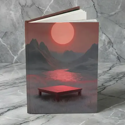 Red Sun Mountain Lake Surreal Landscape Art