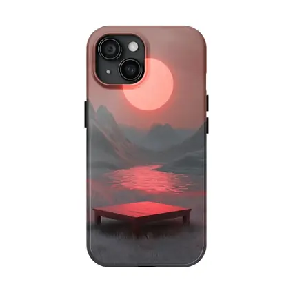 Red Sun Mountain Lake Surreal Landscape Art