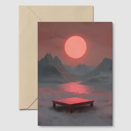 Red Sun Mountain Lake Surreal Landscape Art