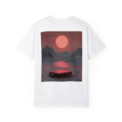 Red Sun Mountain Lake Surreal Landscape Art