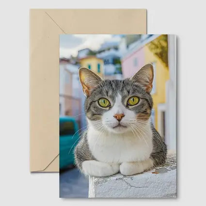 Gray Tabby Cat Green Eyes Colorful Street
