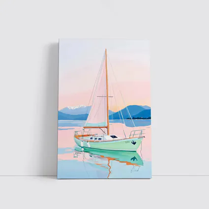 Sailboat on Calm Pastel Lake Mountains