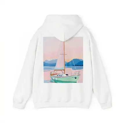 Sailboat on Calm Pastel Lake Mountains