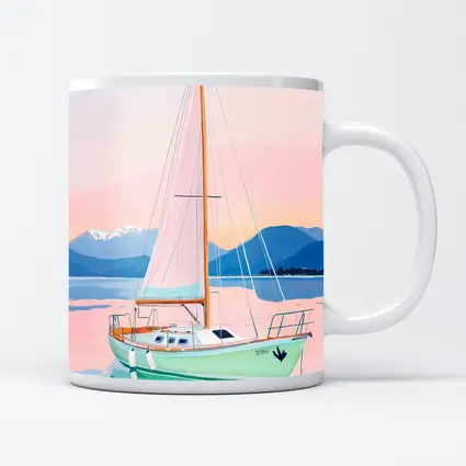 Sailboat on Calm Pastel Lake Mountains