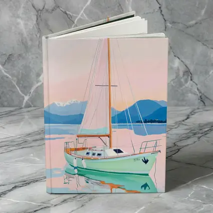Sailboat on Calm Pastel Lake Mountains