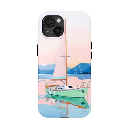 Sailboat on Calm Pastel Lake Mountains