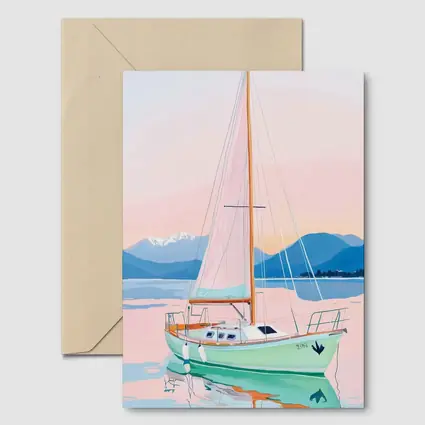 Sailboat on Calm Pastel Lake Mountains