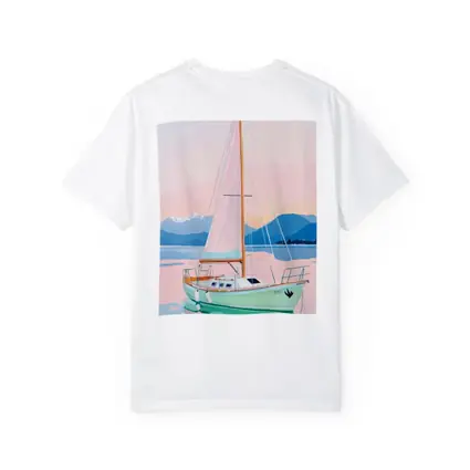 Sailboat on Calm Pastel Lake Mountains
