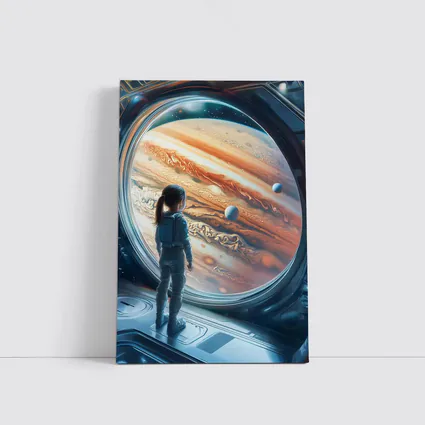 Girl Astronaut Gazing At Jupiter Space Station