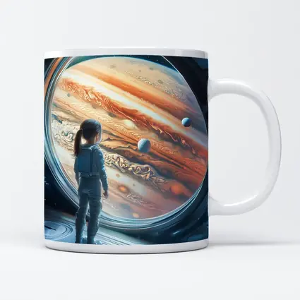 Girl Astronaut Gazing At Jupiter Space Station