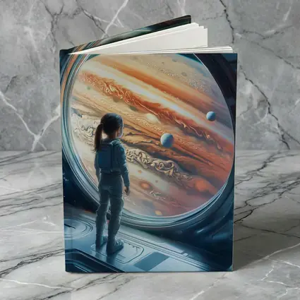 Girl Astronaut Gazing At Jupiter Space Station
