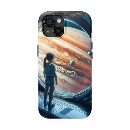 Girl Astronaut Gazing At Jupiter Space Station