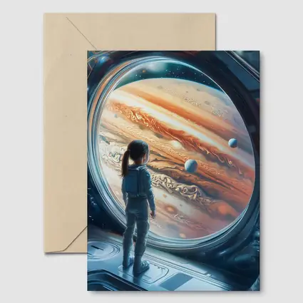 Girl Astronaut Gazing At Jupiter Space Station