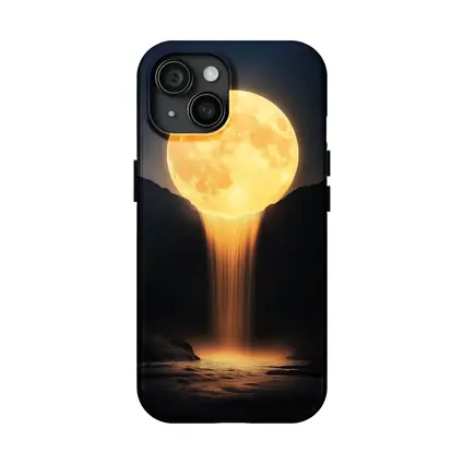 Golden Moon Waterfall Dark Night Sky