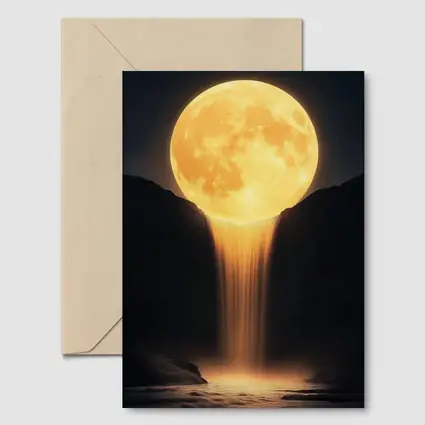Golden Moon Waterfall Dark Night Sky