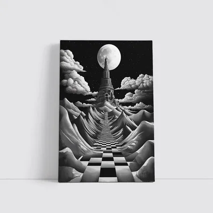 Surreal Tower Moonlit Checkerboard Fantasy Landscape