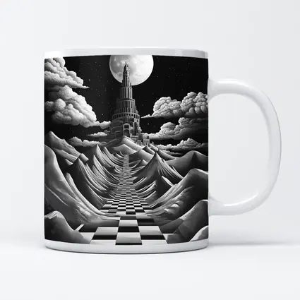 Surreal Tower Moonlit Checkerboard Fantasy Landscape