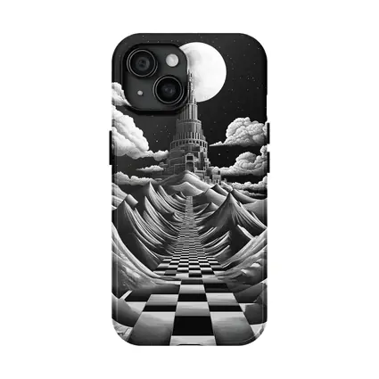 Surreal Tower Moonlit Checkerboard Fantasy Landscape
