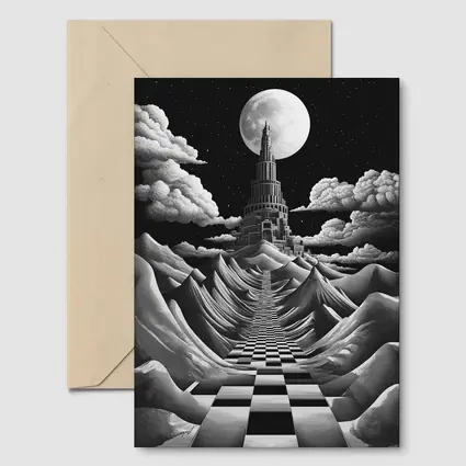 Surreal Tower Moonlit Checkerboard Fantasy Landscape