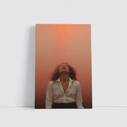Woman Head Back Warm Orange Misty Background