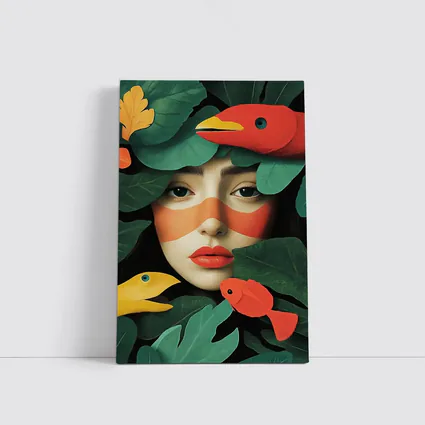 Woman Face With Birds And Tropical Leaves