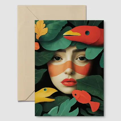 Woman Face With Birds And Tropical Leaves