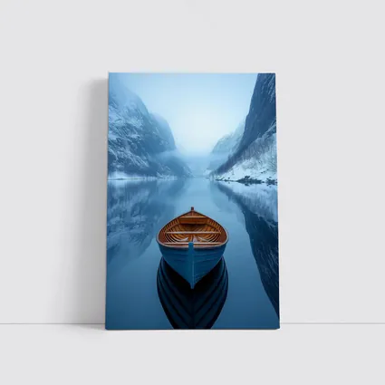 Blue Wooden Boat Misty Fjord Winter
