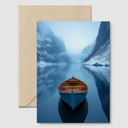 Blue Wooden Boat Misty Fjord Winter
