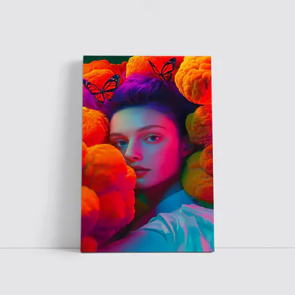 Woman Portrait Orange Flowers Butterflies Neon