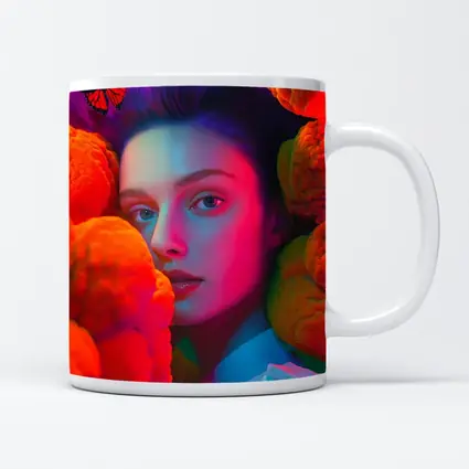 Woman Portrait Orange Flowers Butterflies Neon