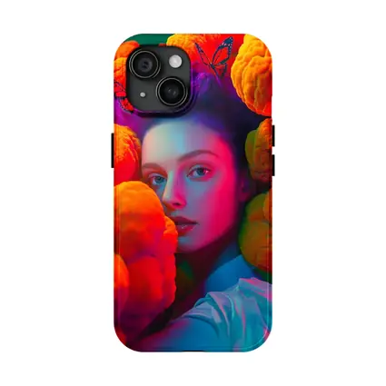 Woman Portrait Orange Flowers Butterflies Neon