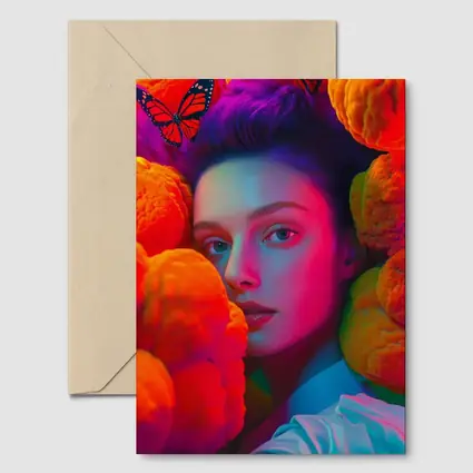Woman Portrait Orange Flowers Butterflies Neon