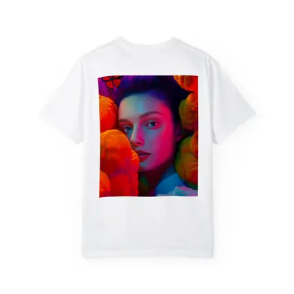 Woman Portrait Orange Flowers Butterflies Neon