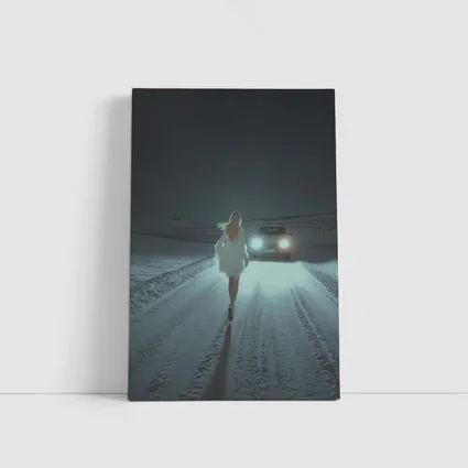 Woman Walking Snowy Road At Night