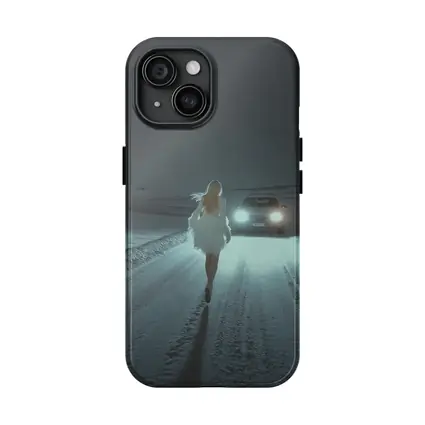 Woman Walking Snowy Road At Night