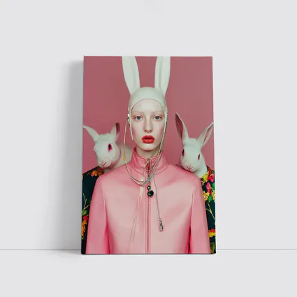 Fashion Woman Rabbit Ears Pink Surreal Portrait