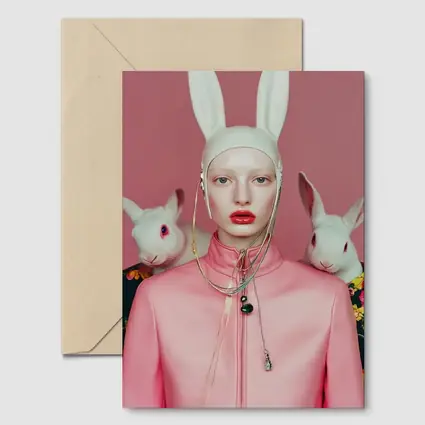 Fashion Woman Rabbit Ears Pink Surreal Portrait