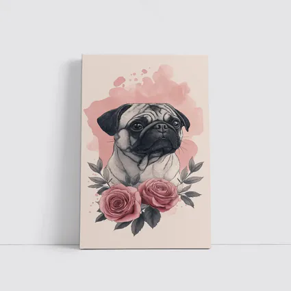 Pug Dog Portrait With Pink Roses
