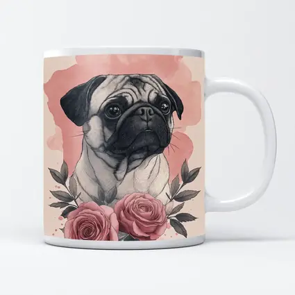Pug Dog Portrait With Pink Roses