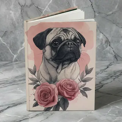 Pug Dog Portrait With Pink Roses