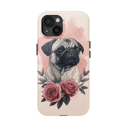 Pug Dog Portrait With Pink Roses