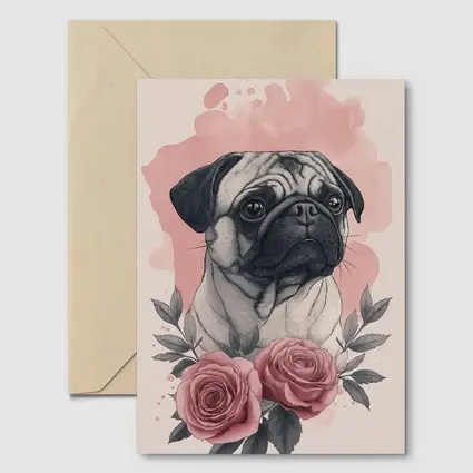Pug Dog Portrait With Pink Roses